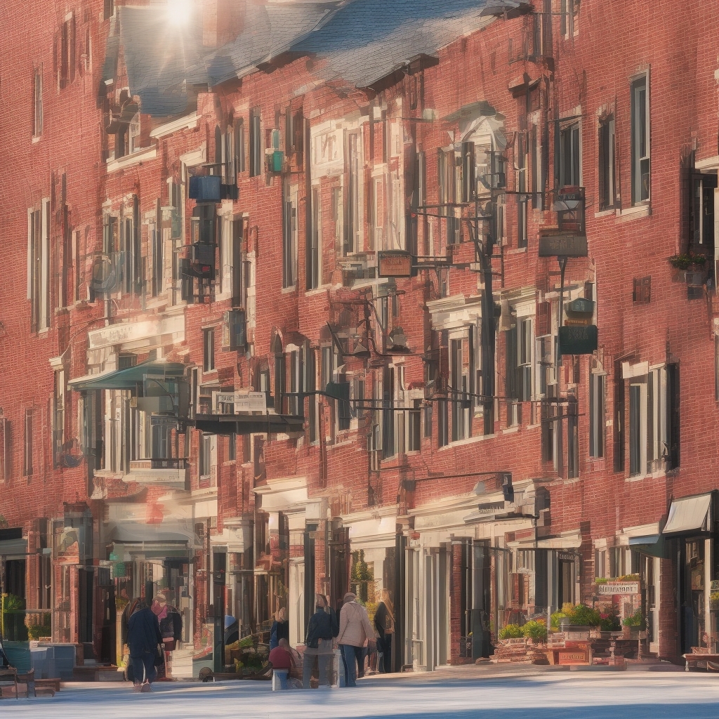 Picturesque New England main street with local shops and community members